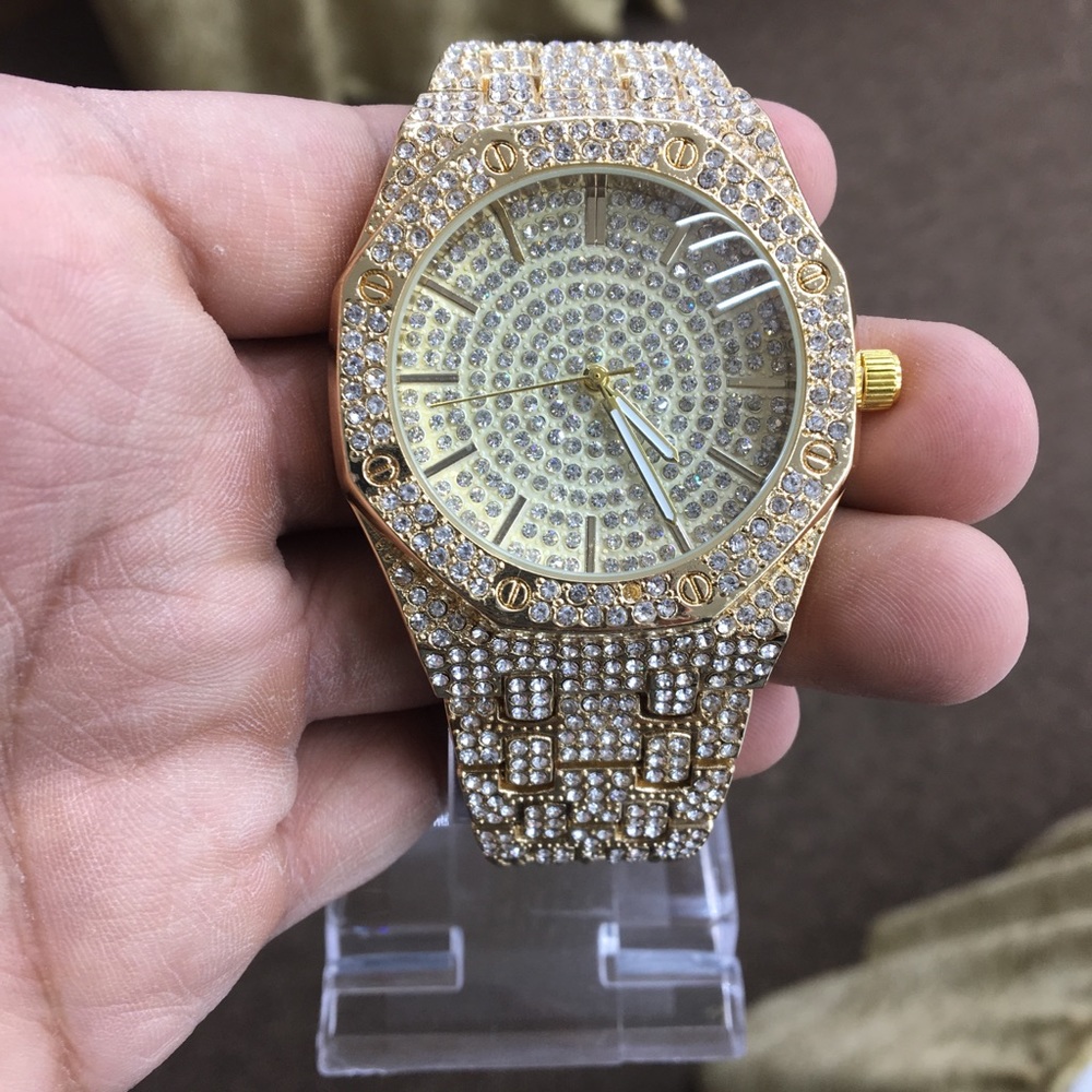 Iced out CZ diamond stainless steel watch gold ton